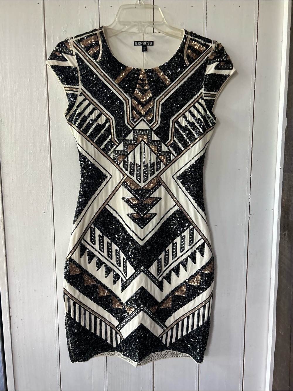 Express Women's Black, White & Gold Sequin Mini Dress xs